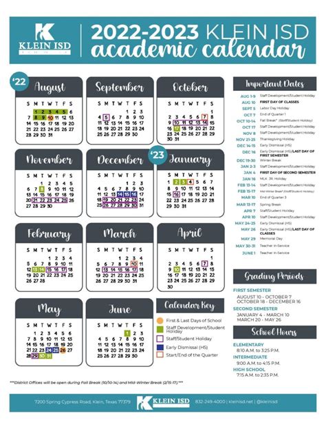 Klein isd calendar 22 23 - Spring Break Mar 29 2024 Student & Staff Holiday Apr 15 2024 Student Holiday / Staff Development May 22 2024 Early Dismissal for High School May 23 2024 Early Dismissal …